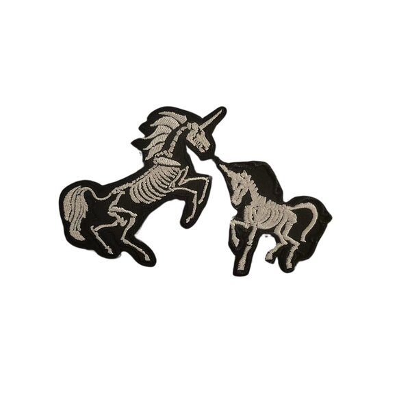 Unicorn & Baby Skeleton Unicorn Patch Set | Gothic Embroidered Iron-On Patches | - Picture 1 of 3